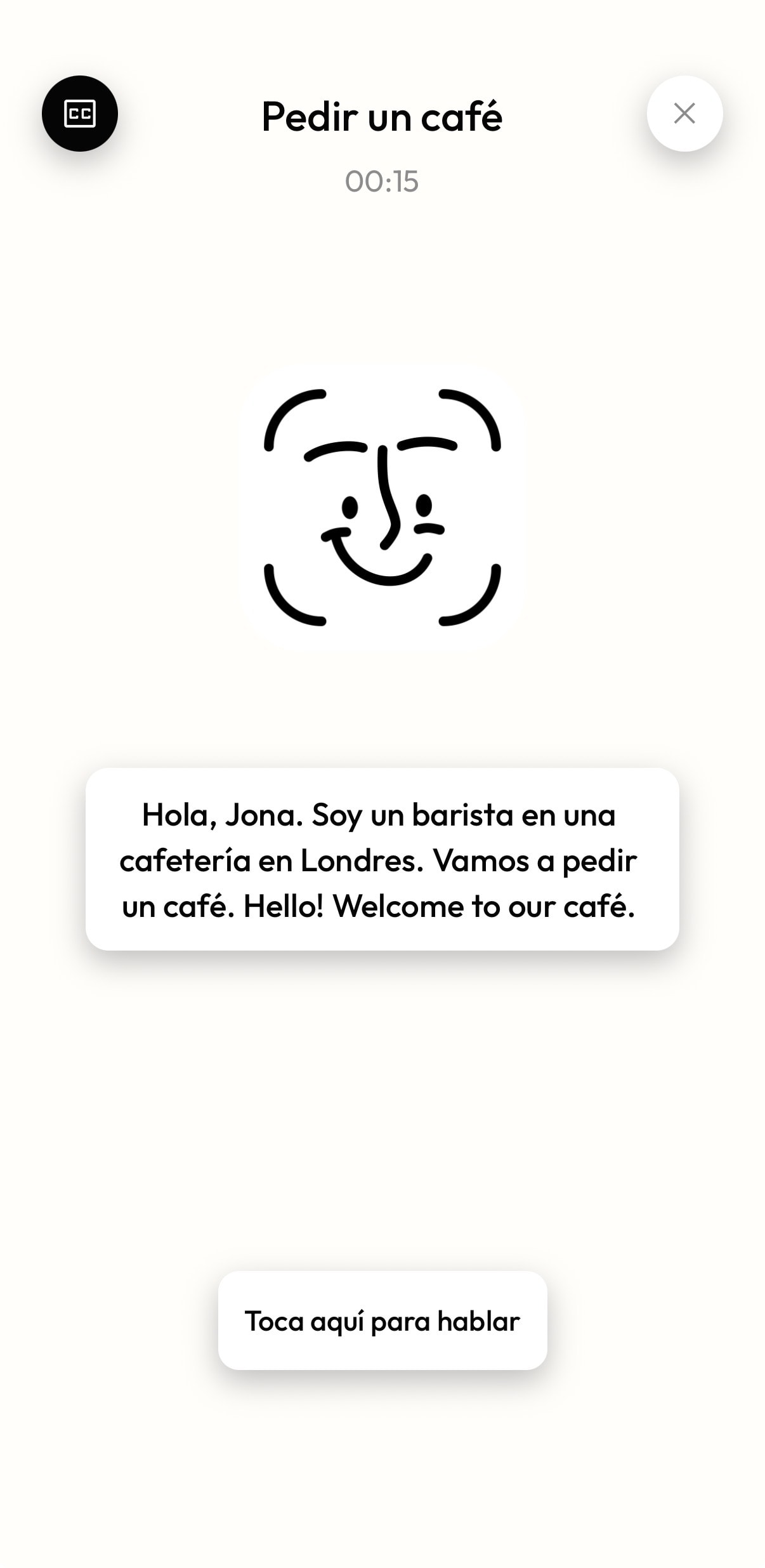 Pantalla de una llamada con Pipo empezando el roleplay de pedir un café