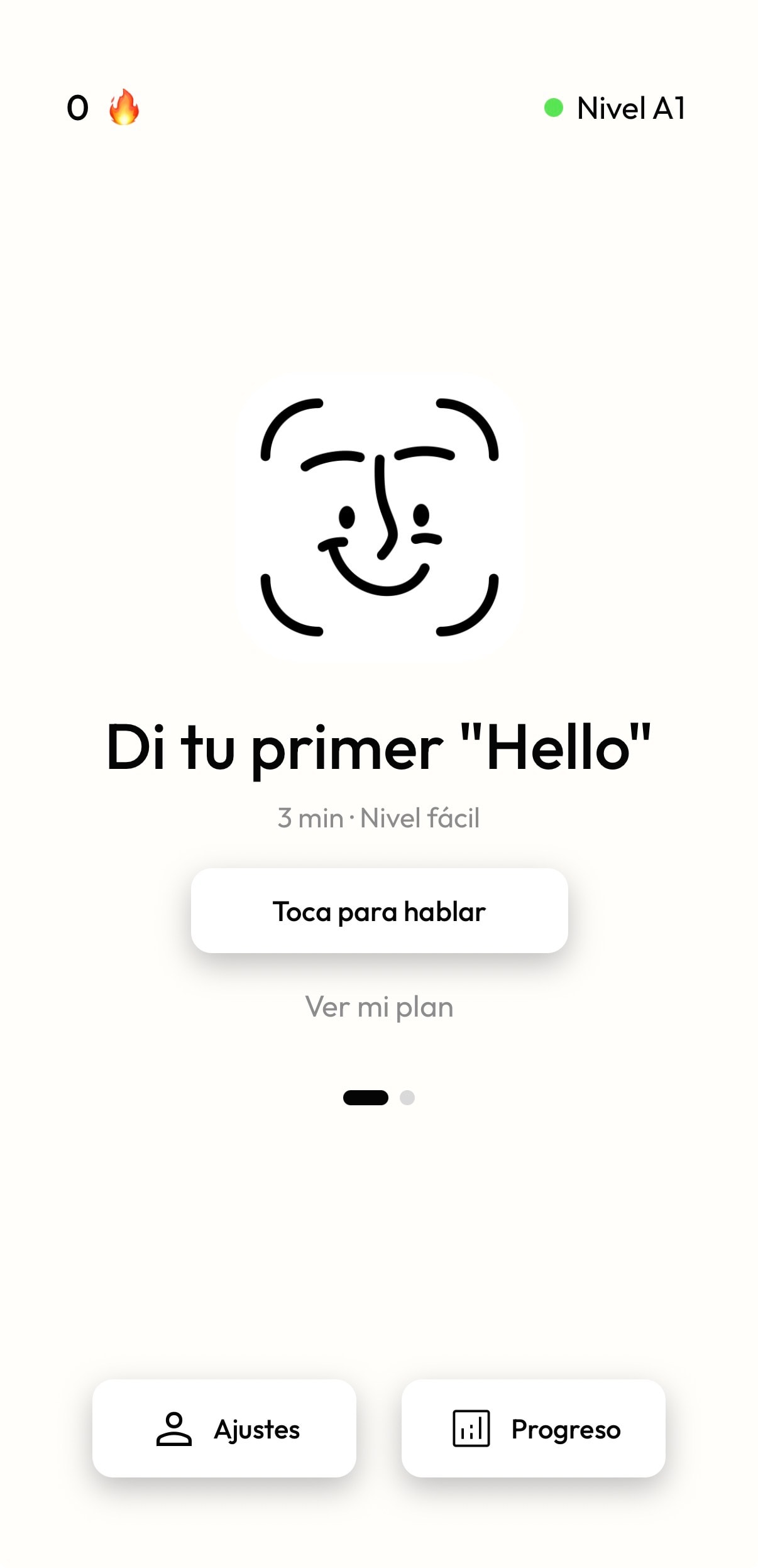 Pantalla de inicio de la app con racha, nivel y el botón para hablar