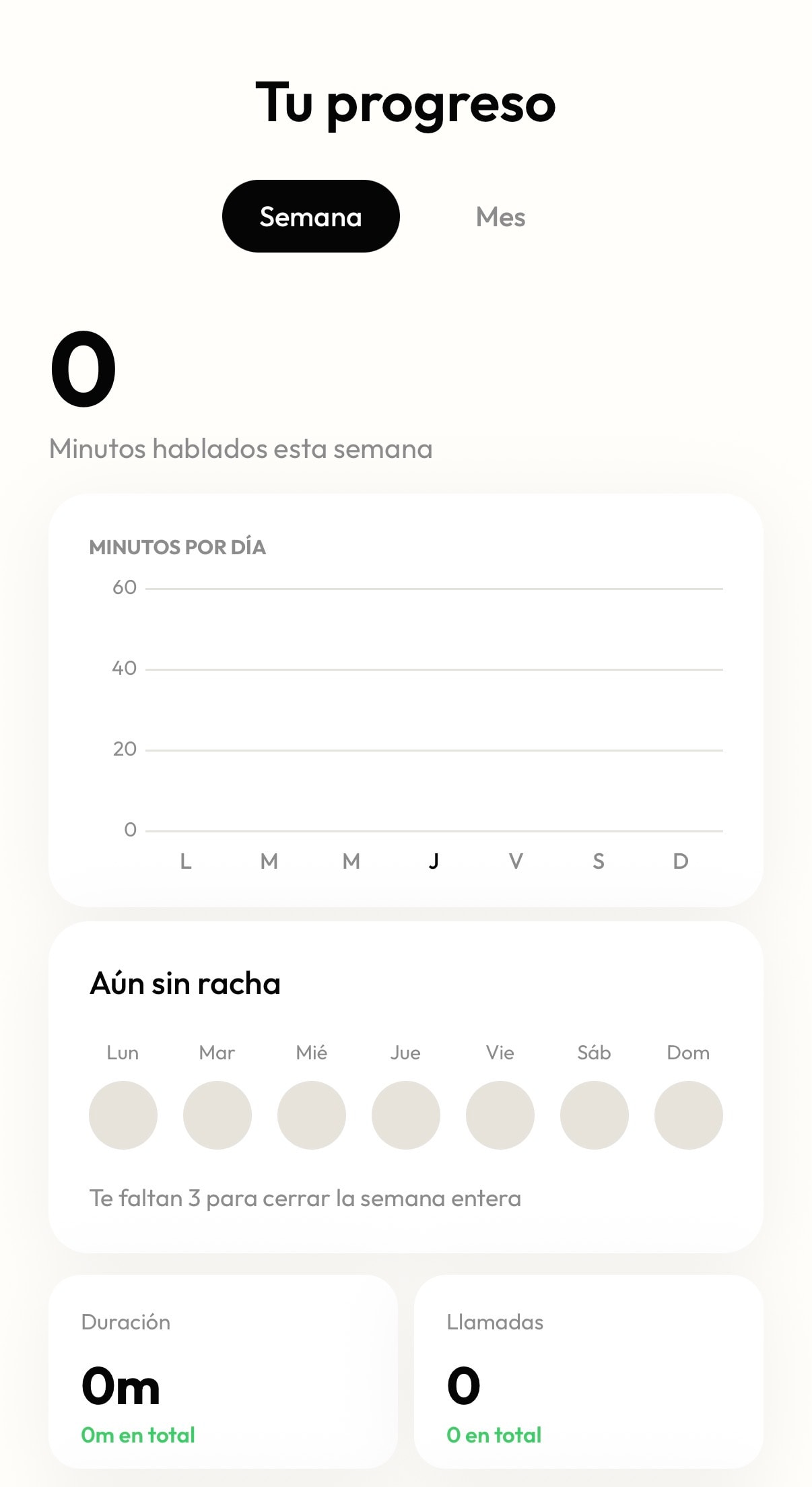 Pantalla de progreso con minutos hablados y racha semanal